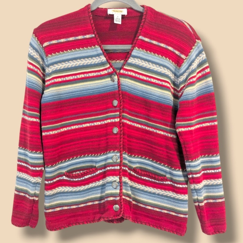 Talbots Red and Blue Striped Cardigan Sz L